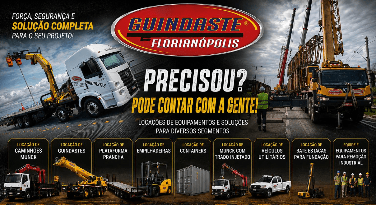 Frota completa Guindaste Florianópolis — caminhões munck, guindastes, plataforma prancha, empilhadeiras, containers e mais